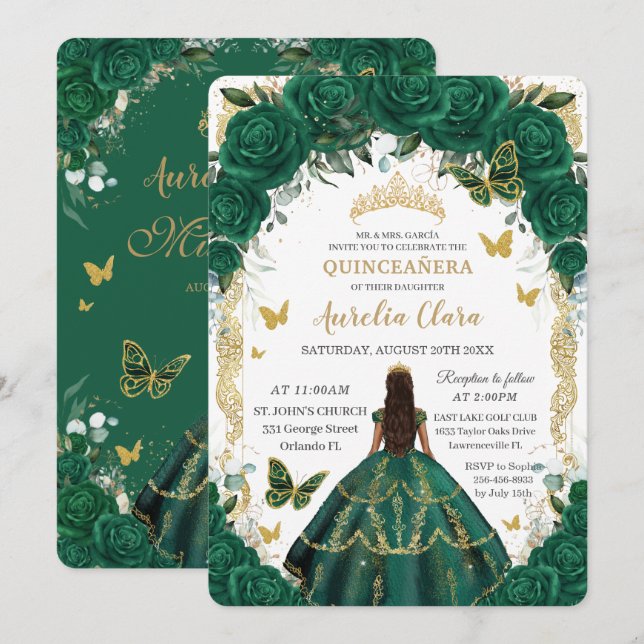 Invitación Princesa de oro floral verde esmeralda de Quinceañ (Anverso / Reverso)