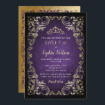 Invitación Princesa de oro morado de la época Tiara Sweet 16<br><div class="desc">Elegante Princesa de Oro Púrpura Vintage Tiara Sweet 16 Invitación de cumpleaños</div>