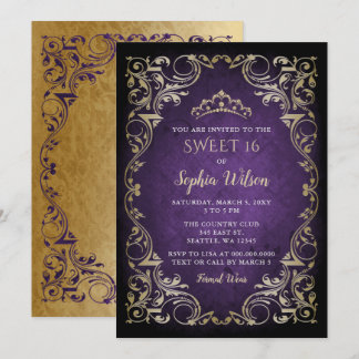 Invitación Princesa de oro morado de la época Tiara Sweet 16