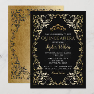 Invitación Princesa de oro negro vintage Tiara Quinceañera