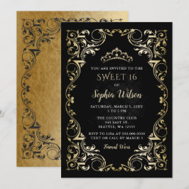 Invitación Princesa de oro negro vintage Tiara Sweet 16