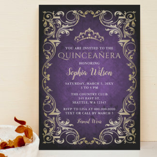 Invitación Princesa de oro púrpura de la época Tiara Quinceañ