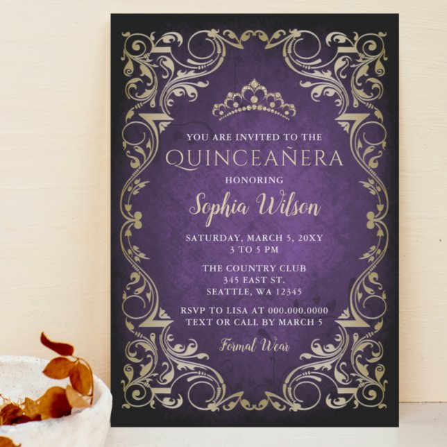 Invitación Princesa de oro púrpura de la época Tiara Quinceañ (Subido por el creador)