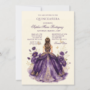 Invitación Princesa de oro púrpura Tiara floral Quinceañera