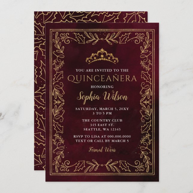 Invitación Princesa de oro roja Holly Tiara Quinceañera (Anverso / Reverso)