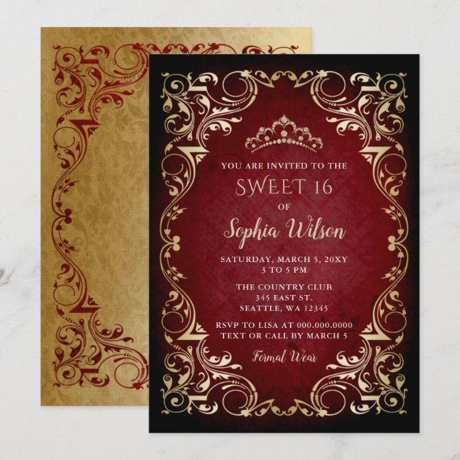 Invitación Princesa de Oro Rojo Tíara Sweet 16 (Anverso / Reverso)