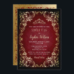 Invitación Princesa de Oro Rojo Tíara Sweet 16<br><div class="desc">Elegante princesa de oro rojo vintage Tiara Sweet 16 cumpleaños Invitación</div>