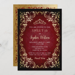 Invitación Princesa de Oro Rojo Tíara Sweet 16