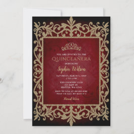 Invitación Princesa de Oro Rojo Vintage Tiara Quinceañera