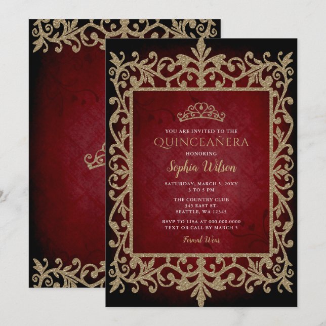 Invitación Princesa de Oro Rojo Vintage Tiara Quinceañera (Anverso / Reverso)
