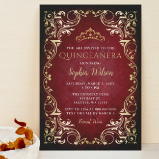 Invitación Princesa de Oro Rojo Vintage Tiara Quinceañera