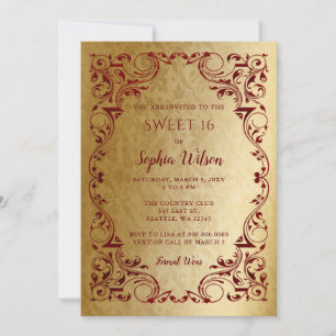 Invitación Princesa de oro rojo vintage Tiara Sweet 16 Invita