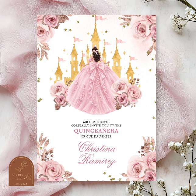 Invitación Princesa de Oro Rosa Castillo de Cuento de Hadas Q (Subido por el creador)