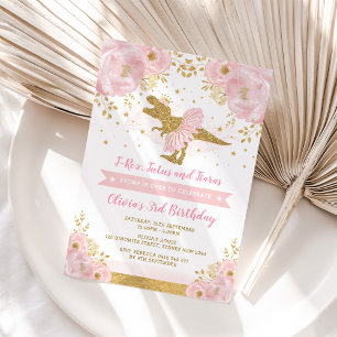 Invitación Princesa de Oro Rosa Cute Chica de Dinosaurio Cump