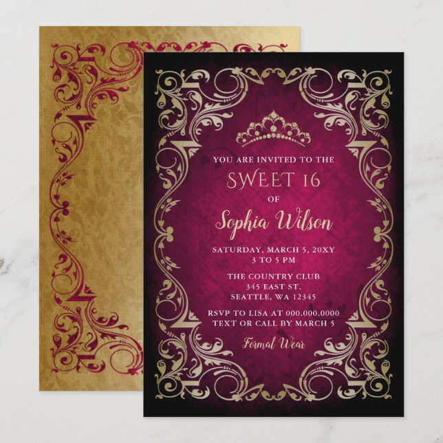Invitación Princesa de oro rosa de época Tiara Sweet 16 (Anverso / Reverso)