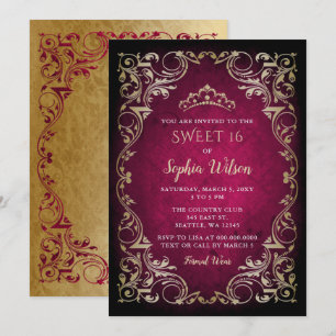 Invitación Princesa de oro rosa de época Tiara Sweet 16