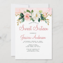 Invitación Princesa de Oro Rosa Dulce Floral Dieciséis Cumple