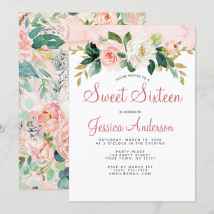 Invitación Princesa de Oro Rosa Dulce Floral Dieciséis Cumple