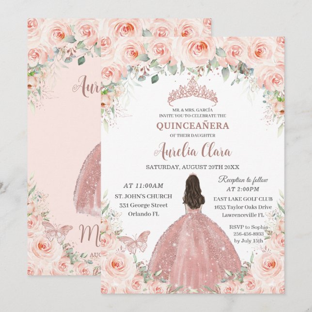 Invitación Princesa de oro Rosa floral rosa de Quinceañera Ru (Anverso / Reverso)