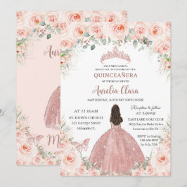 Invitación Princesa de oro Rosa floral rosa de Quinceañera Ru