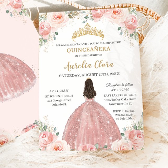 Invitación Princesa de oro Rosa floral rosa de Quinceañera Ru (Subido por el creador)