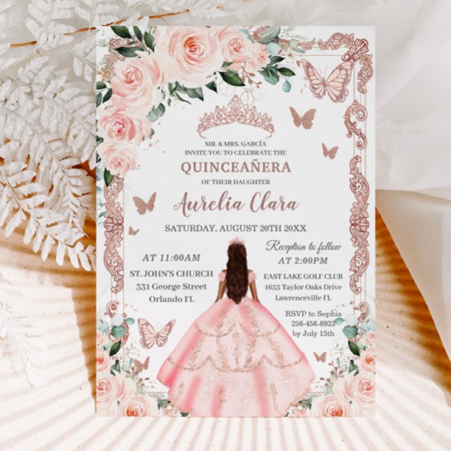 Invitación Princesa de oro Rosa floral rosa de Quinceañera Ru (Subido por el creador)