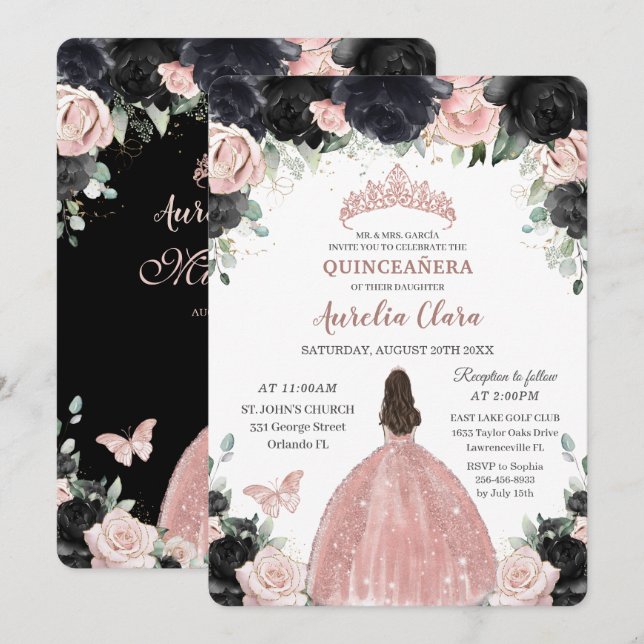 Invitación Princesa de oro Rosa floral rosa negro Quinceañera (Anverso / Reverso)