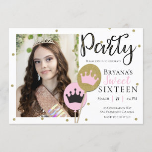 Invitación Princesa de Oro Rosa Foto Cualquier Fiesta de Cump