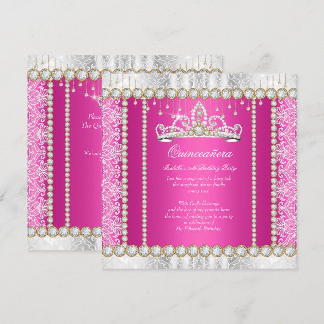 Invitación Princesa de oro rosa Quinceanera Lace de diamantes (Anverso / Reverso)