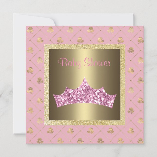 Invitación princesa de oro rosa tema bebé ducha tiara (Anverso)