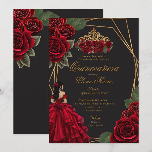 Invitación Princesa de Oro Roses Rojas Negra Quinceañera (Anverso / Reverso)