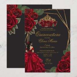Invitación Princesa de Oro Roses Rojas Negra Quinceañera