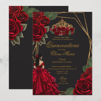 Invitación Princesa de Oro Roses Rojas Negra Quinceañera