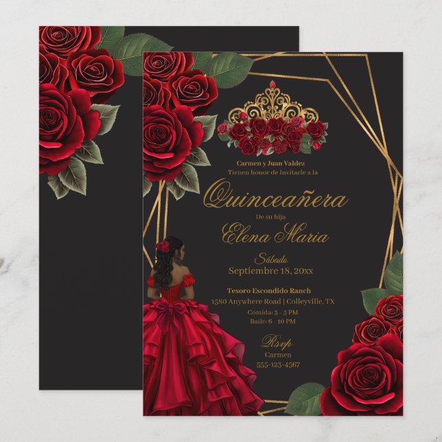 Invitación Princesa de Oro Roses Rojas Negra Quinceañera (Anverso / Reverso)