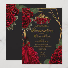 Invitación Princesa de Oro Roses Rojas Negra Quinceañera