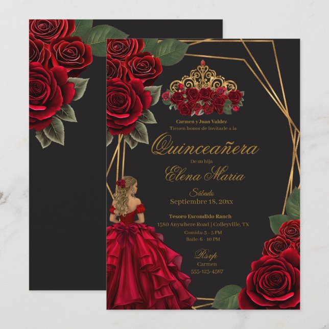 Invitación Princesa de Oro Roses Rojas Negra Quinceañera (Anverso / Reverso)