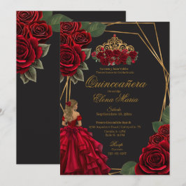 Invitación Princesa de Oro Roses Rojas Negra Quinceañera