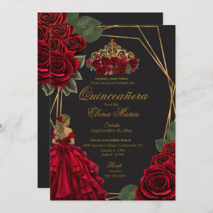 Invitación Princesa de Oro Roses Rojas Negra Quinceañera