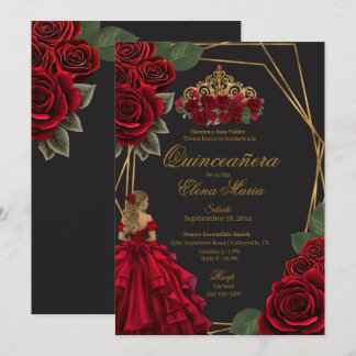 Invitación Princesa de Oro Roses Rojas Negra Quinceañera