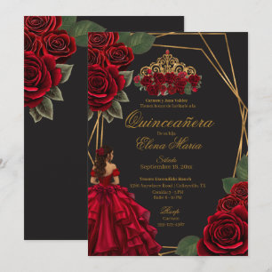 Invitación Princesa de Oro Roses Rojas Negra Quinceañera