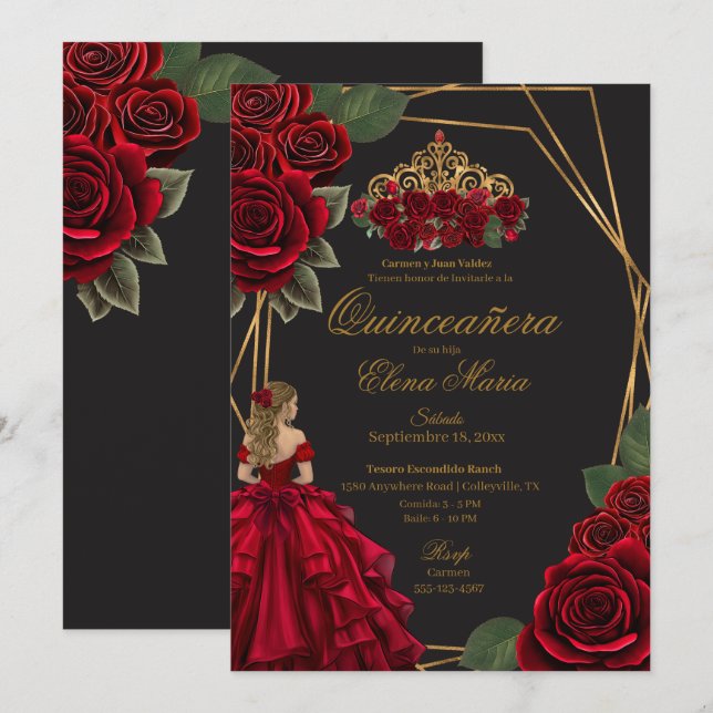 Invitación Princesa de Oro Roses Rojas Negra Quinceañera (Anverso / Reverso)