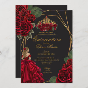 Invitación Princesa de Oro Roses Rojas Negra Quinceañera