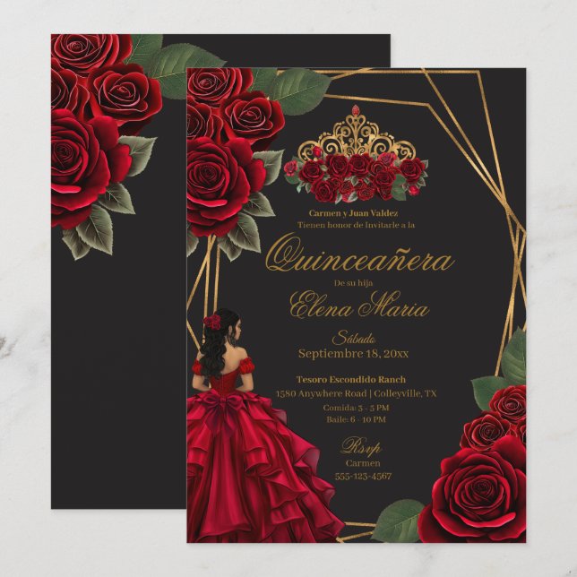 Invitación Princesa de Oro Roses Rojas Negra Quinceañera (Anverso / Reverso)