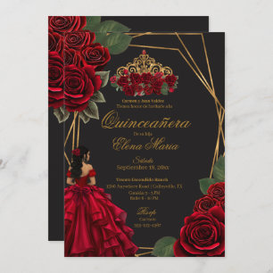 Invitación Princesa de Oro Roses Rojas Negra Quinceañera