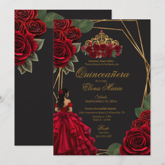 Invitación Princesa de Oro Roses Rojas Negra Quinceañera