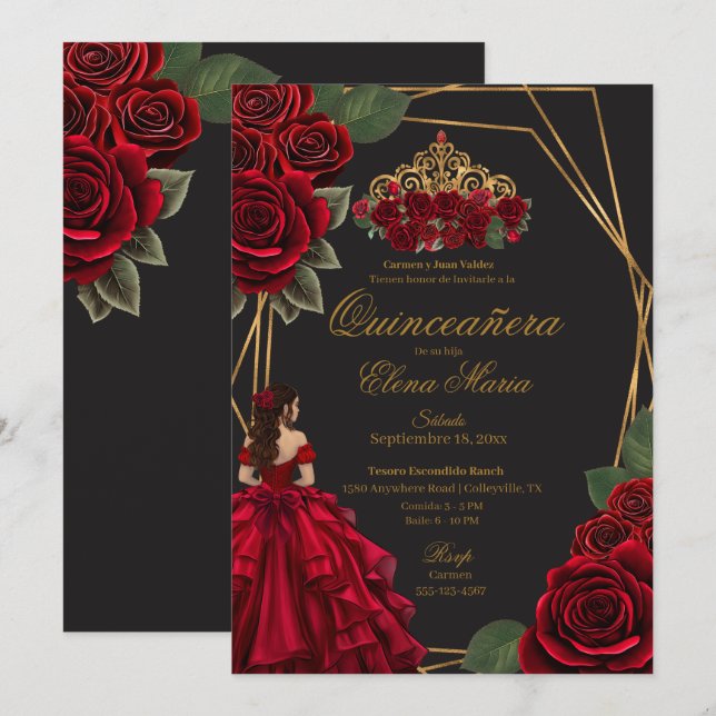 Invitación Princesa de Oro Roses Rojas Negra Quinceañera (Anverso / Reverso)