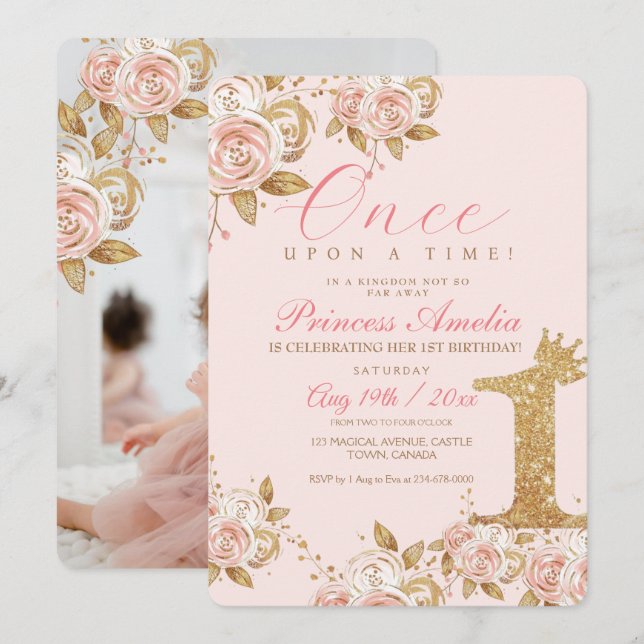 Invitación Princesa de oro Shine Primer Fiesta de cumpleaños (Anverso / Reverso)