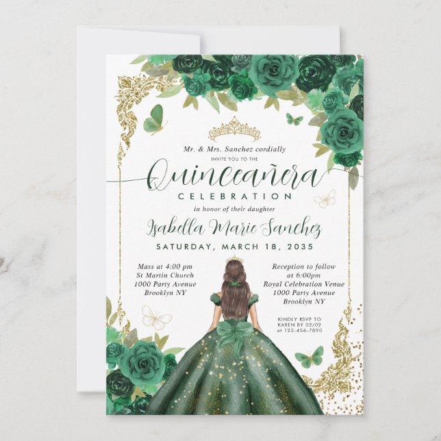 Invitación Princesa de oro verde esmeralda Floral Quinceañera (Anverso)