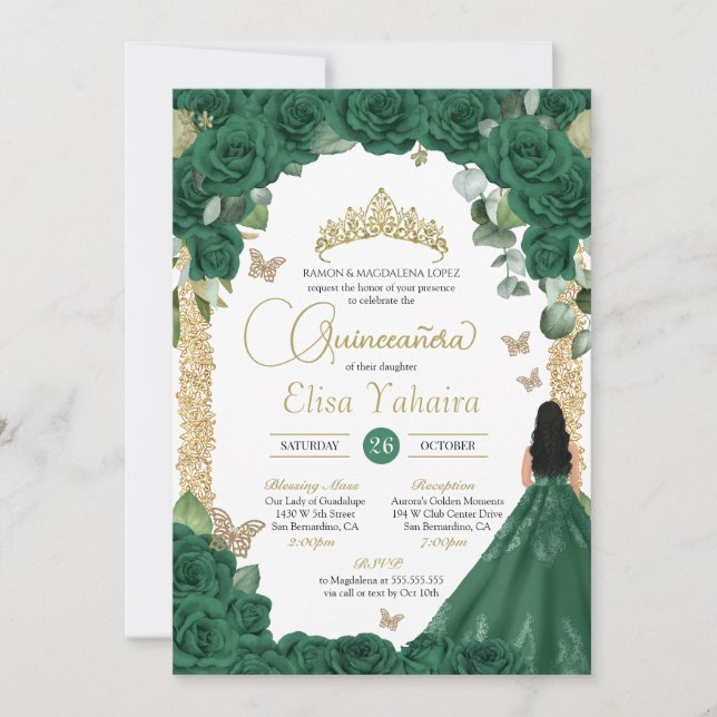 Invitación Princesa de oro verde esmeralda mariposa Quinceane (Anverso)