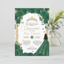 Invitación Princesa de oro verde esmeralda mariposa Quinceane